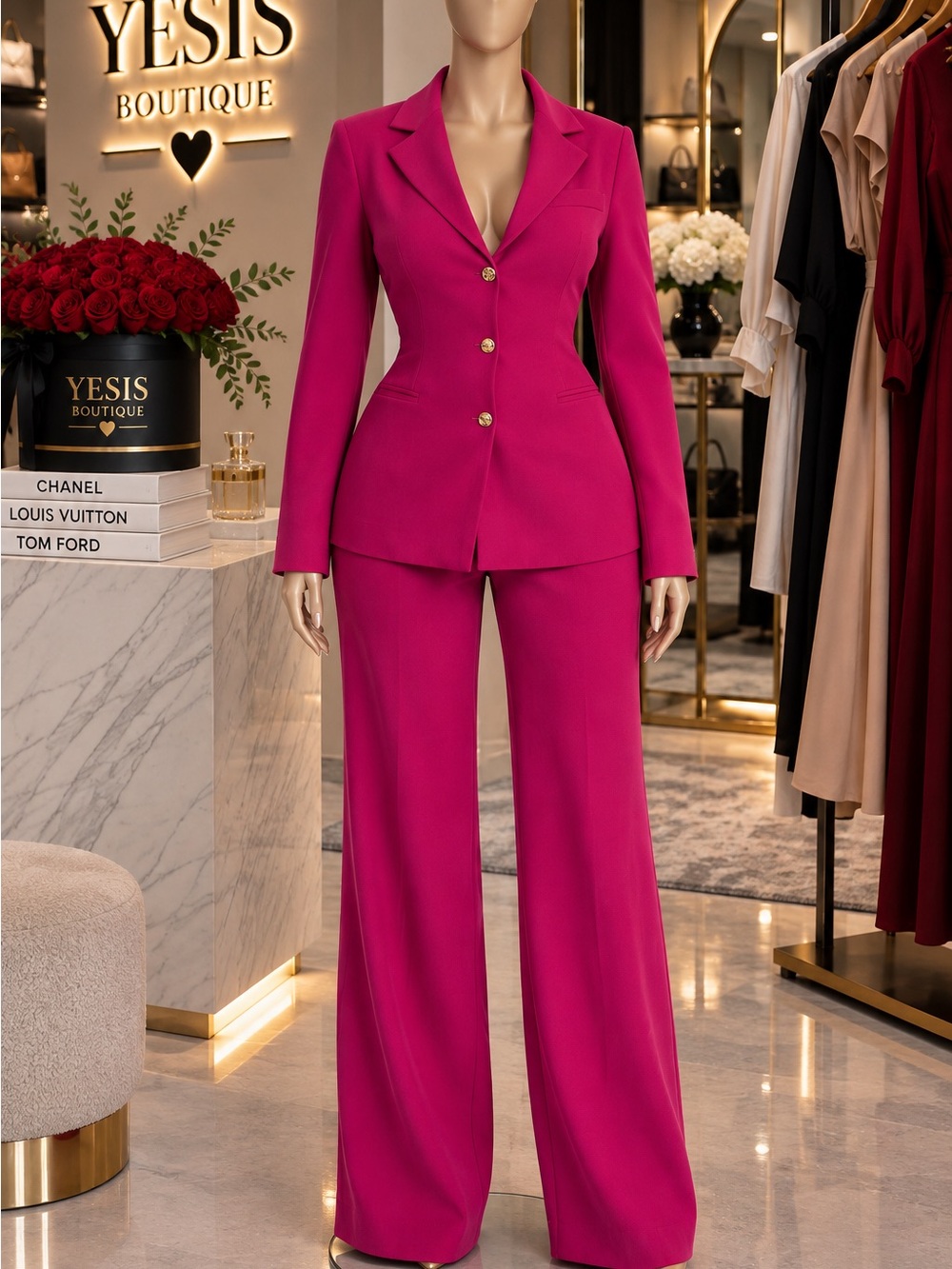 Fuchsia Tailored Blazer & Wide-Leg Pants Set